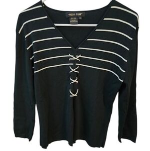 Black and White Striped Women's Top, Criss Cross, Ribbed, XL